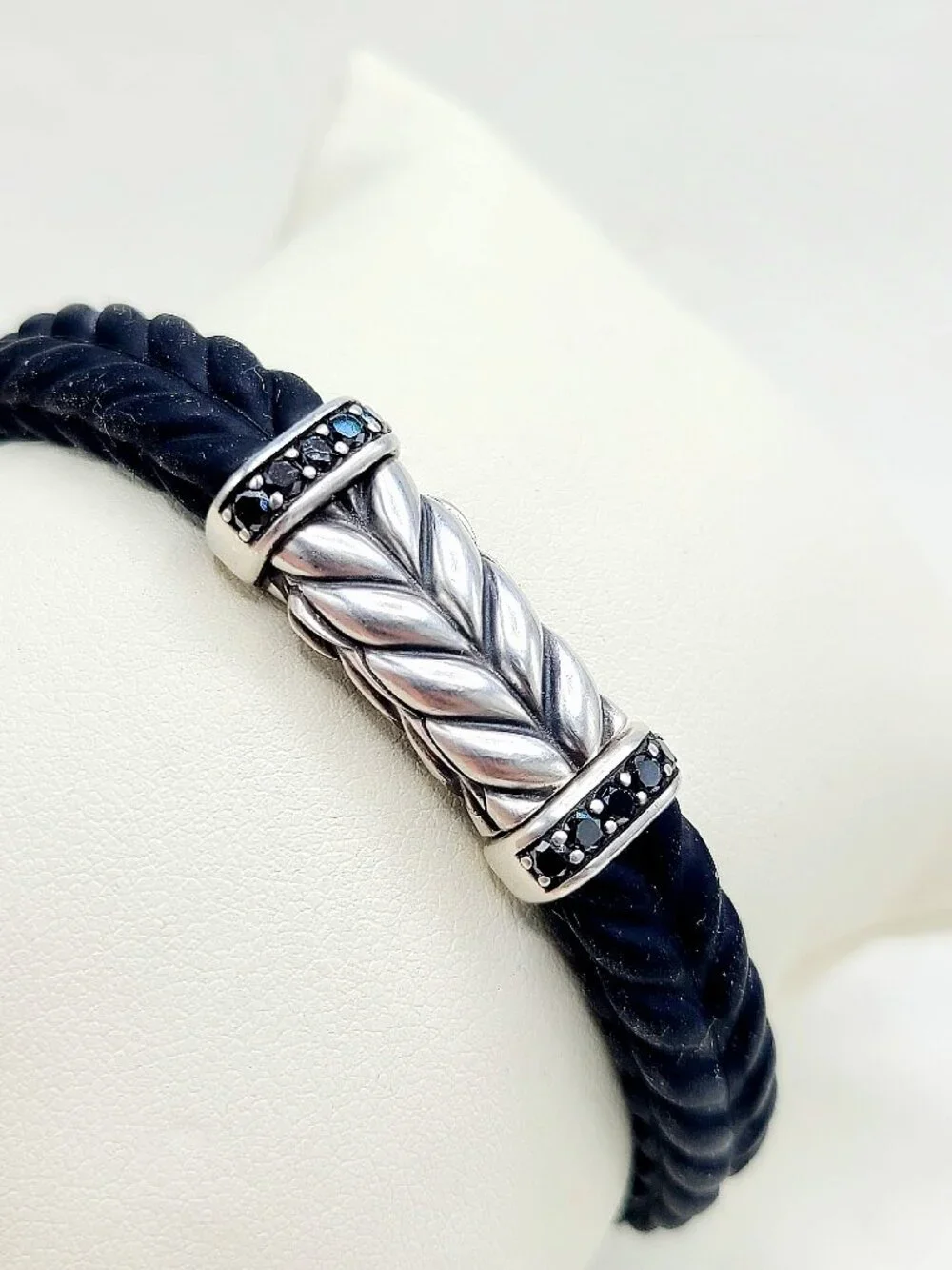 David Yurman Chevron Bracelet in Black Rubber w/ Pavé Black Diamonds, 9mm Sz Sm